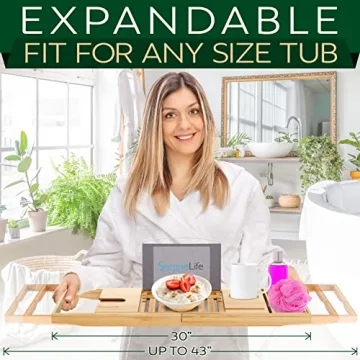 SereneLife Bamboo Bath Caddy - Adjustable Bathtub Organizer