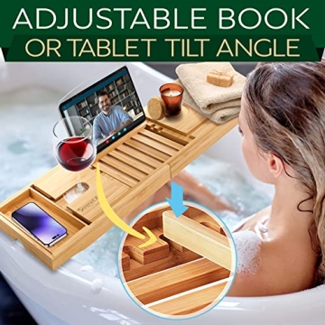 SereneLife Bamboo Bath Caddy - Adjustable Bathtub Organizer