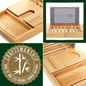 SereneLife Bamboo Bath Caddy - Adjustable Bathtub Organizer