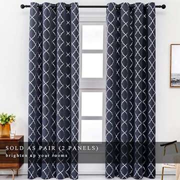 Kotile Blue Blackout Curtains for Bedroom - Thermal Curtains 63 Inch Length Metallic Silver Foil Moroccan Tile Pattern Print Grommet Top Window Curtains for Kids Room, 52 x 63 Inches, 2 Panels, Blue
