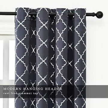 Kotile Blue Blackout Curtains for Bedroom - Thermal Curtains 63 Inch Length Metallic Silver Foil Moroccan Tile Pattern Print Grommet Top Window Curtains for Kids Room, 52 x 63 Inches, 2 Panels, Blue