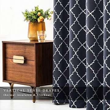 Kotile Blue Blackout Curtains for Bedroom - Thermal Curtains 63 Inch Length Metallic Silver Foil Moroccan Tile Pattern Print Grommet Top Window Curtains for Kids Room, 52 x 63 Inches, 2 Panels, Blue