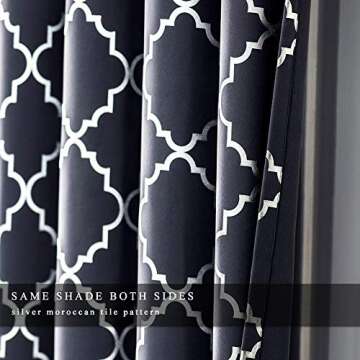 Kotile Blue Blackout Curtains for Bedroom - Thermal Curtains 63 Inch Length Metallic Silver Foil Moroccan Tile Pattern Print Grommet Top Window Curtains for Kids Room, 52 x 63 Inches, 2 Panels, Blue