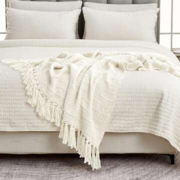 HORIMOTE HOME Cozy Chunky Cream Knit Throw Blanket with Textured Basket Weave Pattern and Fringe, Pe...