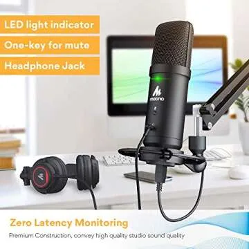 MAONO USB Podcast Microphone with Headphone Set, Zero-Latency Monitoring Computer Condenser PC Mic 192KHZ/24Bit with Mute Button for Recording, Voice Over, Streaming（AU-PM401H）
