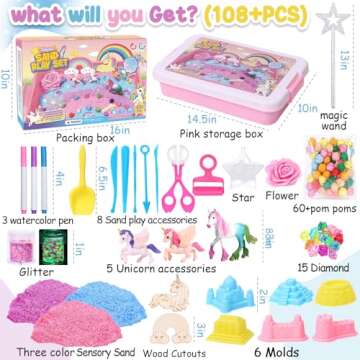G.C Unicorn Sensory Bin for Girl Kid Toy, Play Sand Art Kit 108pcs with Sandbox, 2lb Color Sand, 6 Castle Molds, Unicorn Tactile Sensory Toy Christmas Birthday Gift for Girl Toddler Ages 3 4 5 6 7 8