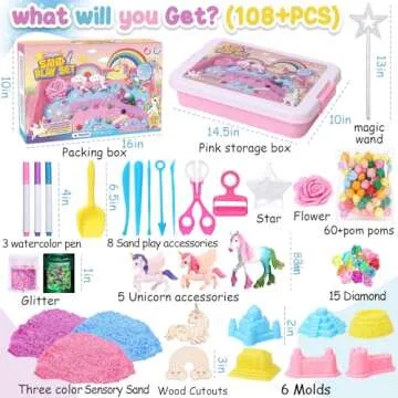 G.C Unicorn Sensory Bin for Girl Kid Toy, Play Sand Art Kit 108pcs with Sandbox, 2lb Color Sand, 6 Castle Molds, Unicorn Tactile Sensory Toy Christmas Birthday Gift for Girl Toddler Ages 3 4 5 6 7 8