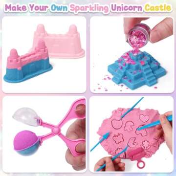 G.C Unicorn Sensory Bin for Girl Kid Toy, Play Sand Art Kit 108pcs with Sandbox, 2lb Color Sand, 6 Castle Molds, Unicorn Tactile Sensory Toy Christmas Birthday Gift for Girl Toddler Ages 3 4 5 6 7 8