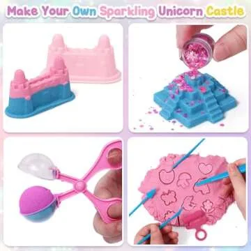 G.C Unicorn Sensory Bin for Girl Kid Toy, Play Sand Art Kit 108pcs with Sandbox, 2lb Color Sand, 6 Castle Molds, Unicorn Tactile Sensory Toy Christmas Birthday Gift for Girl Toddler Ages 3 4 5 6 7 8