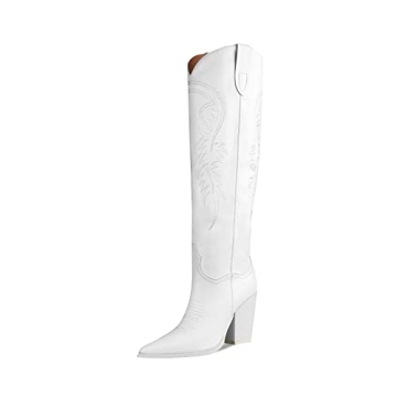 ISNOM White Cowboy Boots for Women - Stylish Knee High Western Boots