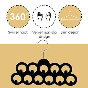 Velvet Scarf Storage Organizer for Closet (Pack of 3), Black | by Home Basics | Scarf Holder for Scarves and Ties | Slim Scarf Hangar Useful for Belts and Jewelry