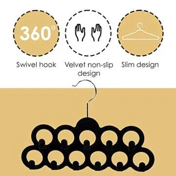 Velvet Scarf Storage Organizer for Closet (Pack of 3), Black | by Home Basics | Scarf Holder for Scarves and Ties | Slim Scarf Hangar Useful for Belts and Jewelry