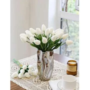 Tulips Artificial Flowers 20 Pcs White Fake Tulip Stems Real Touch PU Tulips for Easter Spring Wedding Bouquet Home Centerpiece Floral Arrangement Table Décor