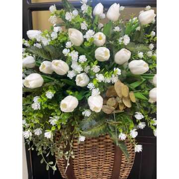 Tulips Artificial Flowers 20 Pcs White Fake Tulip Stems Real Touch PU Tulips for Easter Spring Wedding Bouquet Home Centerpiece Floral Arrangement Table Décor