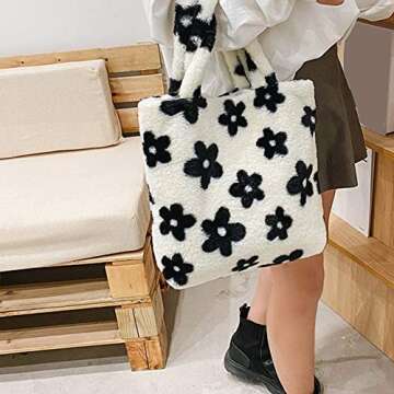 Plush Underarm Bag, Ladies Fluffy Shoulder Bag, Women Furry Flower Tote Bag Y2K Plush Handbag for Autumn and Winter