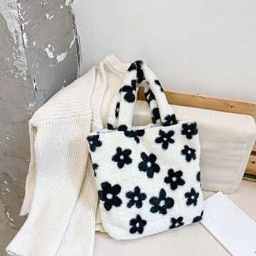 Plush Underarm Bag, Ladies Fluffy Shoulder Bag, Women Furry Flower Tote Bag Y2K Plush Handbag for Autumn and Winter