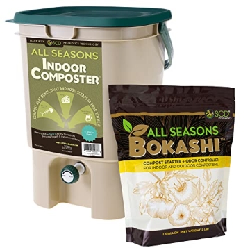 All Seasons Indoor Composter Starter Kit – 5 Gallon Tan Compost Bin For Kitchen Countertop With Li...
