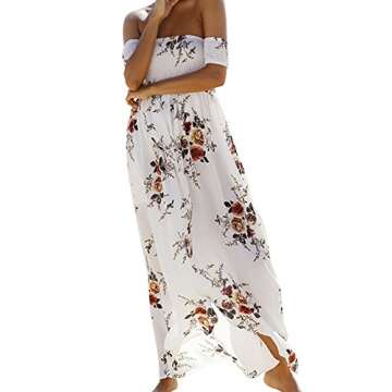 SVALIY Women Floral Off the Shoulder Split Chiffon Maxi Beach Dress Wedding Party White Medium