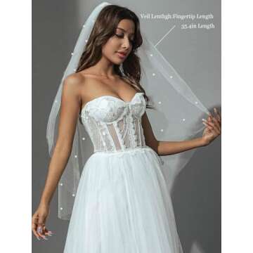 HEREAD Pearl Bride Wedding Veil White Fingertip Cathedral Bridal Tulle Veils Hair Accessories with Comb and Cut Edge (35.4“ Length)