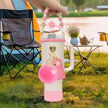 Velaco 11 PCS Cup Accessories for Stanley Cup, Water Bottle Handle Strap for Stanley 30/40 oz tumbler with handle, including Straw Toppers, Silicone Cup Boot, Keychain Charms - PINK