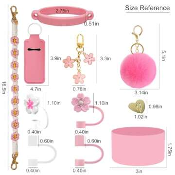 Velaco 11 PCS Cup Accessories for Stanley Cup, Water Bottle Handle Strap for Stanley 30/40 oz tumbler with handle, including Straw Toppers, Silicone Cup Boot, Keychain Charms - PINK