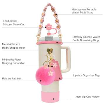 Velaco 11 PCS Cup Accessories for Stanley Cup, Water Bottle Handle Strap for Stanley 30/40 oz tumbler with handle, including Straw Toppers, Silicone Cup Boot, Keychain Charms - PINK