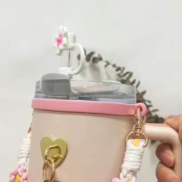 Velaco 11 PCS Cup Accessories for Stanley Cup, Water Bottle Handle Strap for Stanley 30/40 oz tumbler with handle, including Straw Toppers, Silicone Cup Boot, Keychain Charms - PINK