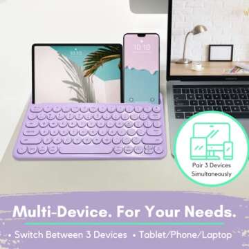 Macally Small Wireless Bluetooth Keyboard for iPad Mini/Air/Pro, iPhone, Tablet, and Phone - 78 Key iPad Keyboard with Built-in Stand - Universal Compatible Multi Device - Purple
