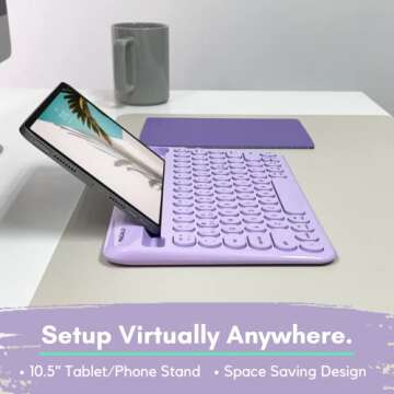 Macally Small Wireless Bluetooth Keyboard for iPad Mini/Air/Pro, iPhone, Tablet, and Phone - 78 Key iPad Keyboard with Built-in Stand - Universal Compatible Multi Device - Purple