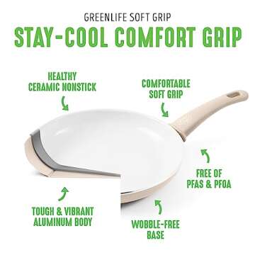 GreenLife Soft Grip 16 Piece Cookware Set, Non-Toxic PFAS-Free Ceramic Nonstick, Frying, Sauce, Saute, Utensils, Glass Lids, Stay-Cool Handles, Wobble Free, Dishwasher & Oven Safe, Taupe