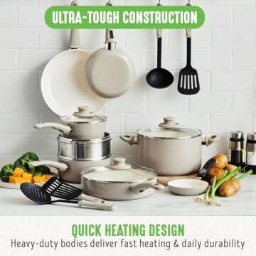GreenLife Soft Grip 16 Piece Cookware Set, Non-Toxic PFAS-Free Ceramic Nonstick, Frying, Sauce, Saute, Utensils, Glass Lids, Stay-Cool Handles, Wobble Free, Dishwasher & Oven Safe, Taupe
