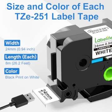 Labelife TZe-251 24mm Label Tape Replacement for Brother P Touch TZe TZ Label Tape 24mm 0.94 Laminated White TZe251 TZ-251 for Brother Ptouch PT-D600 PT-D610BT PT-P710BT Label Maker, 1 Inch, 4-Pack