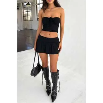Women Sexy Summer 2 Piece Sets Drawstring Ruched Crop Tube Top Low Rise Ruffle Mini Skirts Sets Y2k Outfits Black