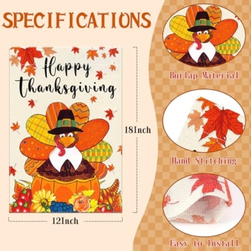 Happy Thanksgiving Garden Flags 12x18 Inch Double Sided Turkey Fall Garden Flag, Thanksgiving Decor Flags Autumn Harvest Yard Thanksgiving Outdoor Decoration