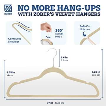 Zober Velvet Hangers 100 Pack - Heavy Duty Ivory Hangers for Coats, Pants & Dress Clothes - Non Slip Clothes Hanger Set - Space Saving Felt Hangers for Clothing