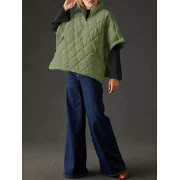 Fazortev Women's Puffer Poncho Pullover Quilted Jacket Short Sleeve Half Zipper Coat Cape Outerwear