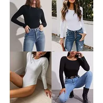 FeelinGirl Long Sleeve Bodysuit, Seamless Womens Top Off Shoulder