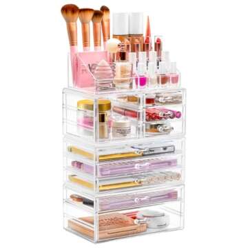 Sorbus Large Clear Makeup Organizer - Detachable 4-Piece Jewelry & Make Up Organizers and Storage Se...