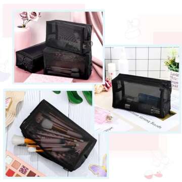 Sadnyy 5 Pieces Mesh Makeup Bag Portable Travel Cosmetic Bag Black Breathable Mesh Zipper Pouch for ...