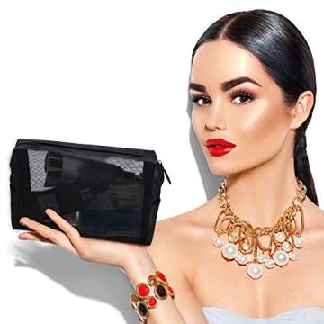 Sadnyy 5 Pieces Mesh Makeup Bag Portable Travel Cosmetic Bag Black Breathable Mesh Zipper Pouch for Home Offices Travel Accessories Organizer(8.3 x 4.7 x 3.1 Inch)