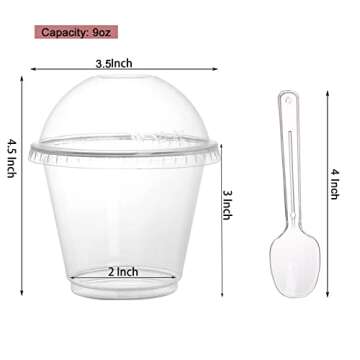 Coloch 100 Pack 9 Oz Clear Plastic Cup with Dome Lid and Spoon, Disposable Crystal Dessert Parfait C...
