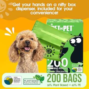 Pet N Pet 200 Counts Unscented Dog Poop Bags Rolls with Tie Handles, 38% Plant Based & 62% PE Poop Bags for Dogs, Extra-Thick Doggie Poo Bag, Pet Waste Bag