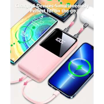 CFIAI Portable Charger Power Bank - 20000mAh Fast Charging Portable Battery Pack with Built in USB-C(22.5W) and iOS(20W) Output Cables Compatible with iPhone Android Samsung Phone etc (1 Pack, Pink)