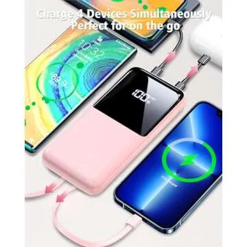 CFIAI Portable Charger Power Bank - 20000mAh Fast Charging Portable Battery Pack with Built in USB-C(22.5W) and iOS(20W) Output Cables Compatible with iPhone Android Samsung Phone etc (1 Pack, Pink)