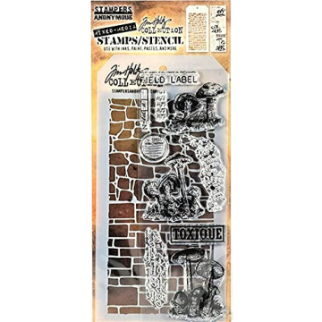 Tim Holtz Collection Stamper's Anonymous Tim Holtz Brick and Stones with Mushrooms Mixed Media Stamp...