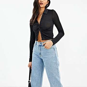 SAFRISIOR Women's Sexy Ruched Ruffle Buttons Down Collar Long Sleeve Slim Fit Crop Top Tee Shirts Blouse Cardigan Black