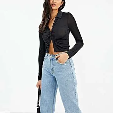 SAFRISIOR Women's Sexy Ruched Ruffle Buttons Down Collar Long Sleeve Slim Fit Crop Top Tee Shirts Blouse Cardigan Black