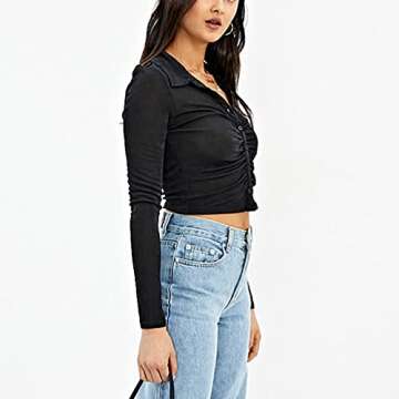 SAFRISIOR Women's Sexy Ruched Ruffle Buttons Down Collar Long Sleeve Slim Fit Crop Top Tee Shirts Blouse Cardigan Black