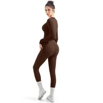 SUUKSESS Women 2 Piece Seamless Ribbed Workout Sets With Zip Up Jacket High Waisted Gym Yoga Leggings (Brown,XL)
