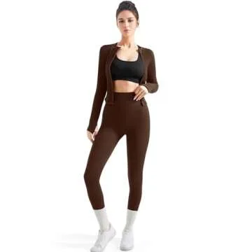 SUUKSESS Women 2 Piece Seamless Ribbed Workout Sets With Zip Up Jacket High Waisted Gym Yoga Leggings (Brown,XL)